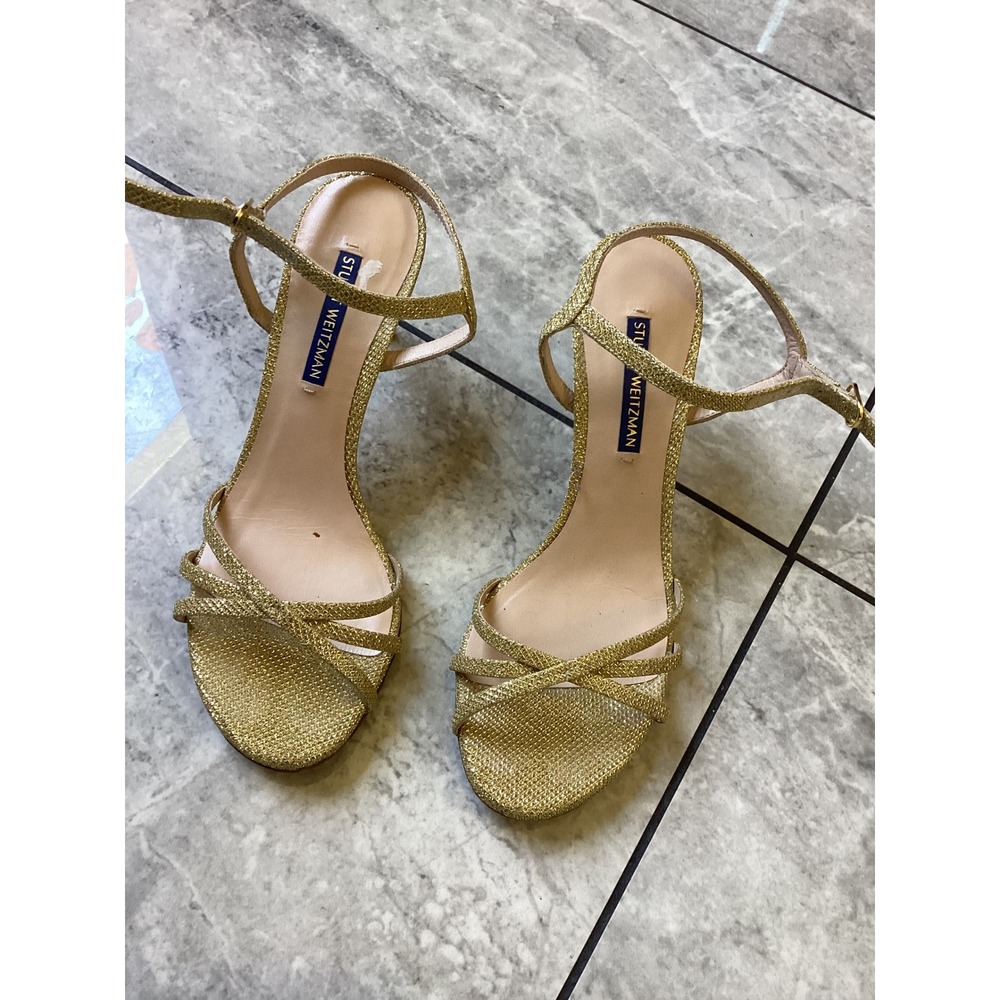 Stuart Weitzman Gold Glitter Strappy Ankle Strap Sandals Heels 6.5M 13694